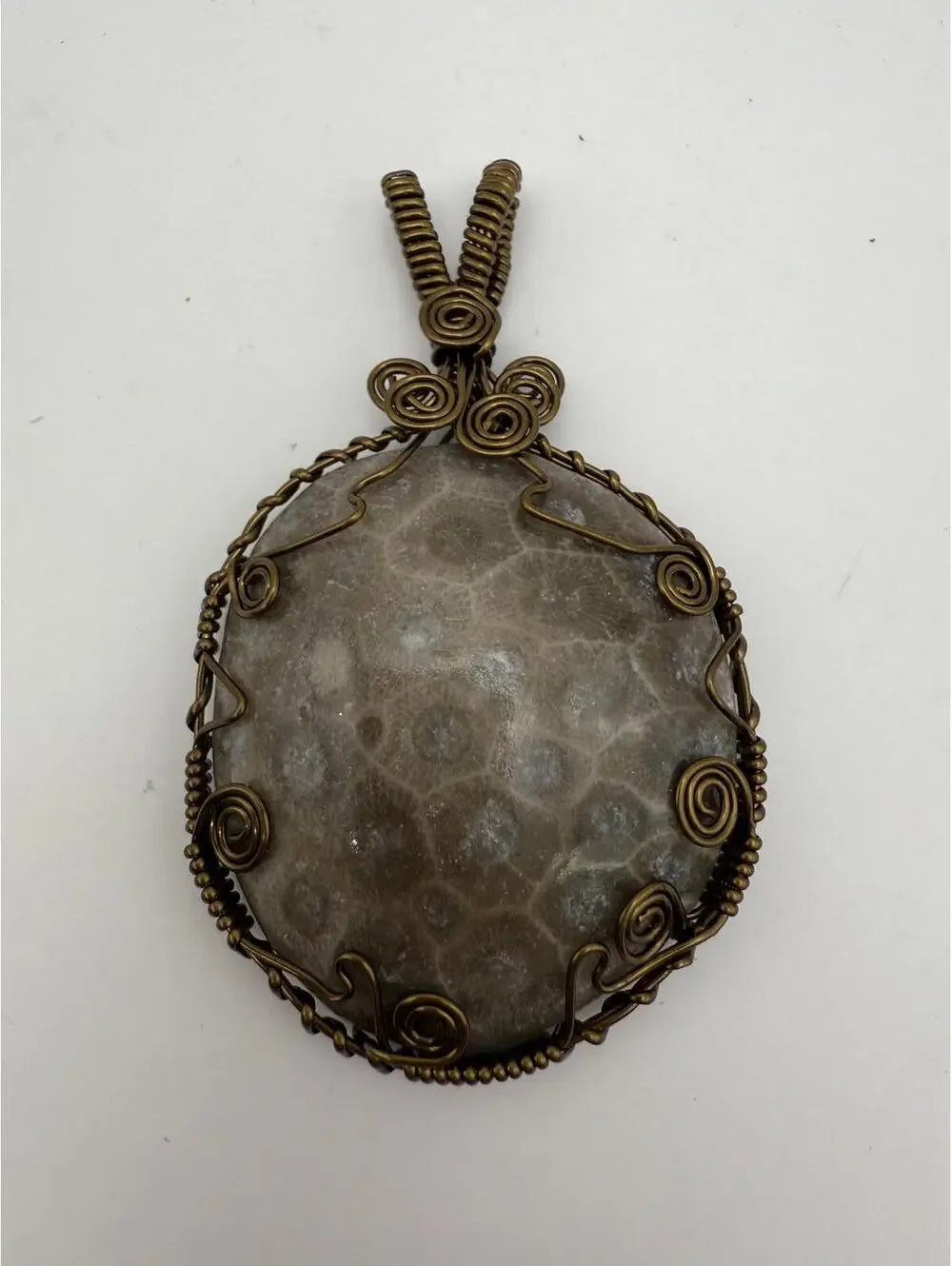 Large Handcrafted Wire Wrapped Petoskey Stone Pendant Amulet